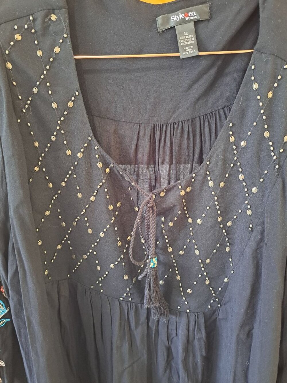 NEW 3XL Black Embroidered Peasant Top Beaded Tassel Tie Neckline Womens Plus - Picture 5 of 13